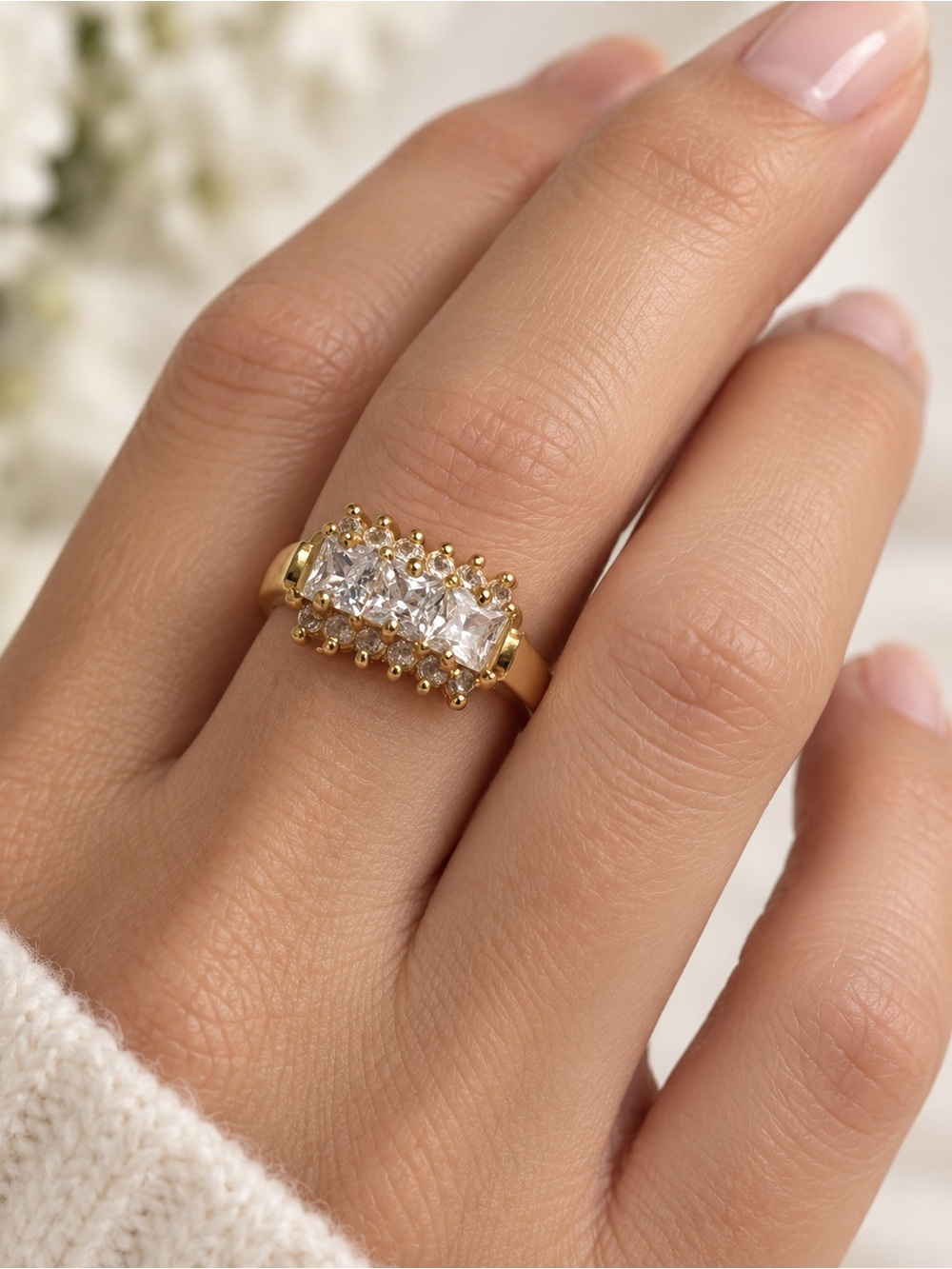 Vintage Roman Co. Gold Tone Princess Cut Austrian Crystal Ring